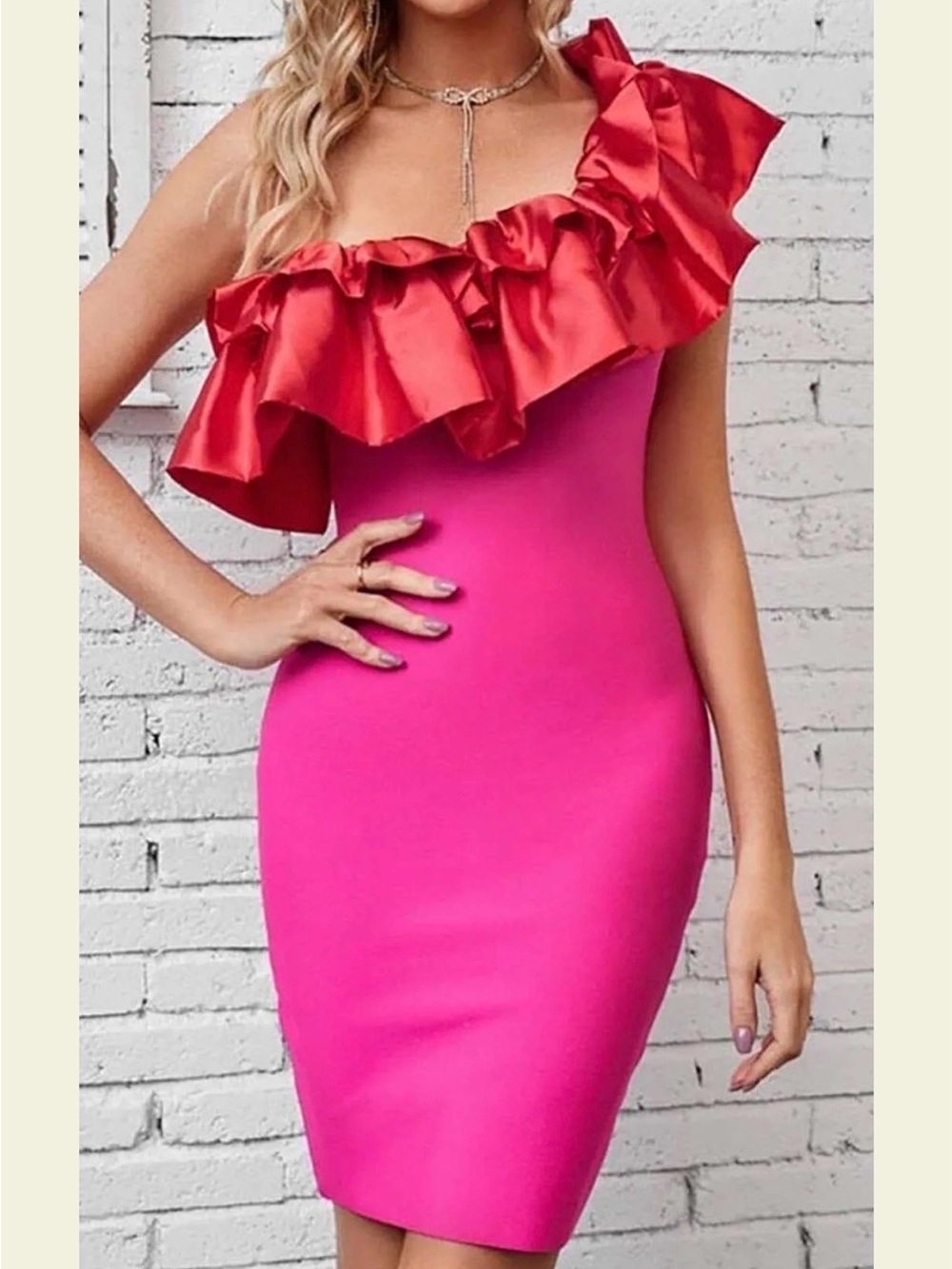 One-Shoulder Pink Bodycon Dress with Red Ruffle
